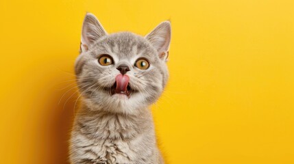 Obraz premium Amusing British Shorthair cat with silver fur making a funny face sticking out tongue on yellow background
