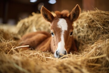 In a barn on a farm, a young foal lies peacefully in a stall on hay