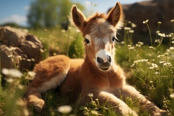 A brown baby horse peacefully in a field of flowers, surrounded by nature.