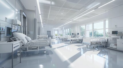 A spacious, sterile, and modern high-tech hospital ward with multiple patient beds and medical equipment. AIG59