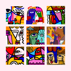 Set of abstract face portraits geometric, shapes, doodle , decorative hand drawn vector illustration wall art. Cubism male and female portrait aesthetic design for poster, cover, print and decoration.