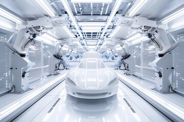 White Car on a Conveyor Belt in a Factory