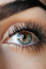 Fototapeta premium Close-up of female eye with extravagantly long false eyelashes, showcasing artistry of eyelash extensions
