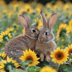 Fototapeta premium Rabbits in love in a field of sunflowers