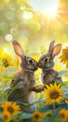 Fototapeta premium Rabbits in love in a field of sunflowers