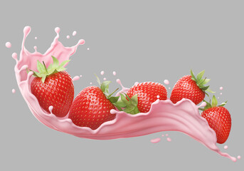 milk or yogurt splash with strawberries 3d rendering.