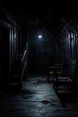 a dark hallway with two chairs and a light shining in the dark