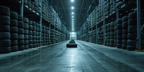 Tire Warehouse Interior with Stacked Tires