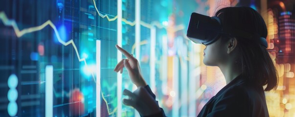 Woman in Virtual Reality Exploring Data and Charts