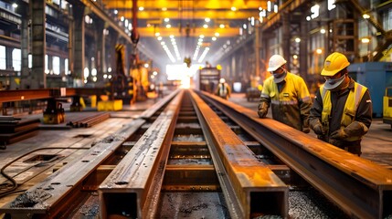 Obraz premium Industrial Workers Inspecting Steel Beams in a Factory