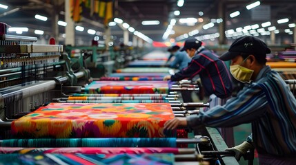 Obraz premium Factory Workers Operating Textile Machinery