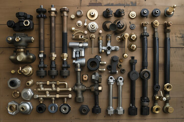 A meticulously arranged collection of plumbing parts on a wooden surface, featuring brass, black, and silver components