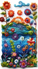 Fototapeta premium A colorful applique depicting a tranquil ocean scene with sand dunes and various floral motifs.