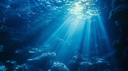 Obraz premium Underwater Sea - Deep Abyss With Blue Sun light
