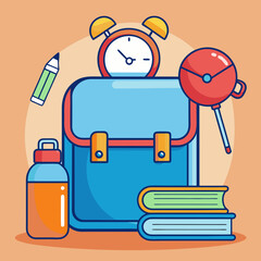 Back to School Vector Illustration - Student Backpack with Study Tools in Cartoon Outline Style.