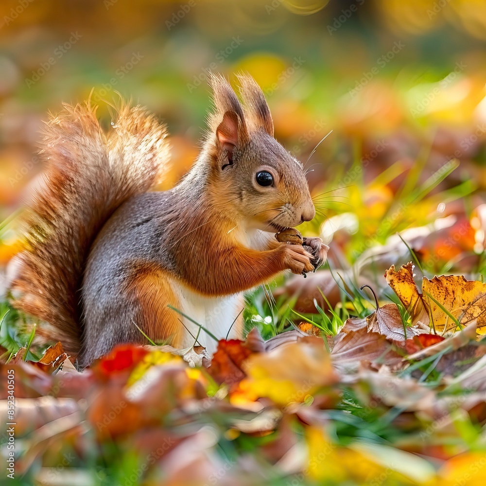 Wall mural Red squirrel eating food on green grass among autumn leaves - Wall murals