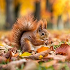 Obraz premium Red squirrel eating food on green grass among autumn leaves