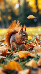 Red squirrel eating food on green grass among autumn leaves