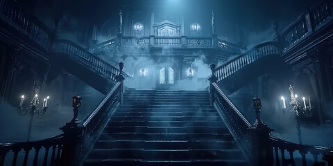 Mysterious Staircase in a Foggy Mansion
