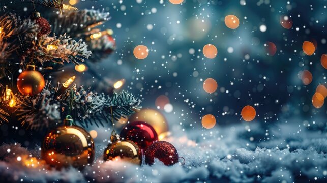 Winter scene with Christmas tree and ornaments on snow Festive New Year setup Blurred background and lighting effects