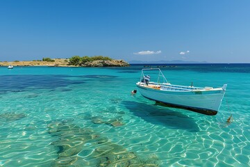 a fishing boat in the colours blue, red and white on azure clear water