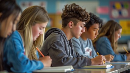 High school students concentrating and taking notes