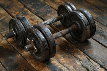 Fototapeta premium Rustic Metal Dumbbells on Wooden Floor - Vintage Fitness Equipment for Strength Training