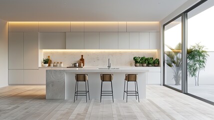 Fototapeta premium Modern Minimalist Kitchen with White Cabinetry, Island, and Indoor Plants