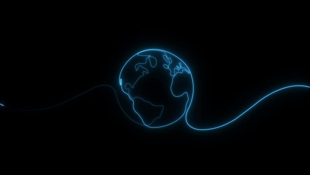 Neon Earth globe. Neon world. Glowing neon line. isolated on black background. Line art. Bright sphere logo. Motion Graphic Animation. 4K Ultra HD Video. World or Earth. Global internet. Geometric.
