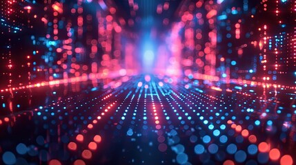 Obraz premium Futuristic Digital Cityscape with Blue and Red Neon Lights in Cyberpunk Style