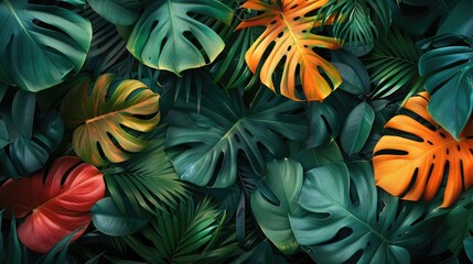Fototapeta premium Vibrant Tropical Monstera Leaves in Lush Green and Orange Foliage