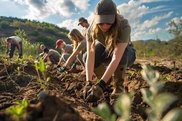 Group of Volunteers Planting Trees in a Rural Area on a Sunny Day for Environmental Conservation