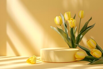 Yellow product display podium on tender fresh yellow backgrounds with spring blossom yellow tulip flowers bouquet