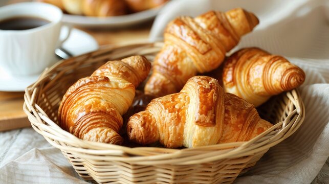 Coffee and croissants served for breakfast in a basket on a table
