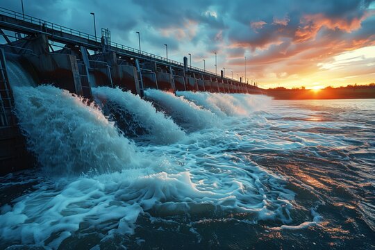 Stunning Sunset Over a Powerful Dam with Cascading Waterfalls and Dramatic Sky