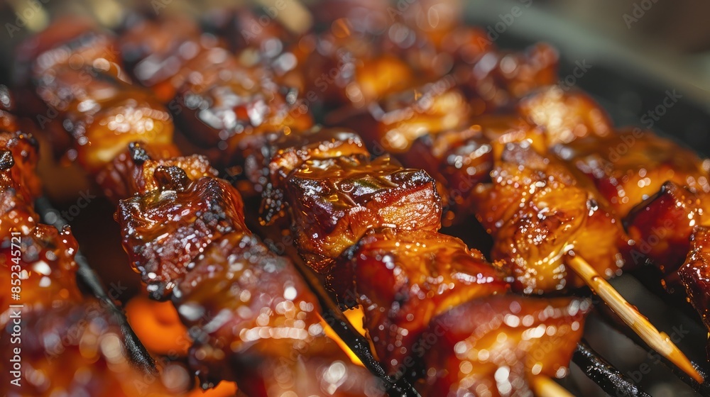 Sticker close up view of smoked skewered large pork pieces