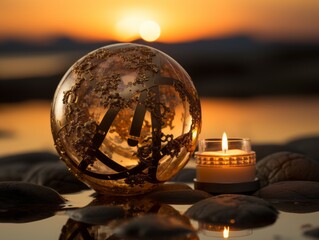 a glass ball with a candle sitting on top of rocks