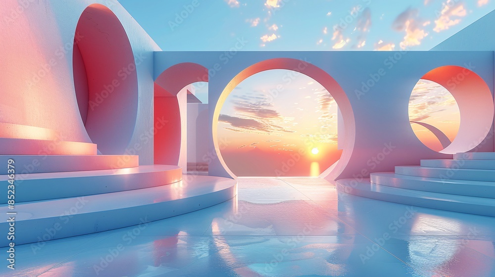 Poster a 3d render of a surreal minimal architecture background featuring abstract geometric shapes in a ha