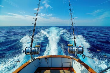 Obraz premium Trolling fishing boat rod and golden saltwater reels deep blue ocean sea wake
