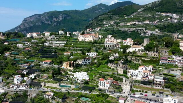 Aerial 4K footage of the town of Ravello on the Amalfi coast, Italy