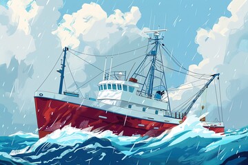 Obraz premium fishing boat on water wave in the ocean