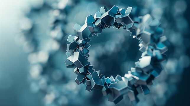 Floating 3D pentagons arranged in a circular formation.