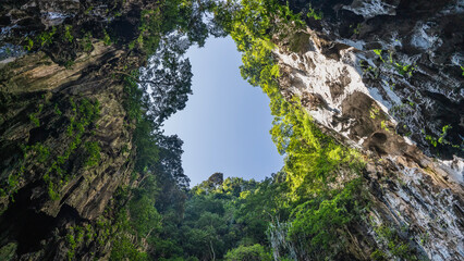 The clear blue sky is framed by rocks. There is green vegetation on the steep slopes. Bottom-up view. Batu caves. Malaysia. Kuala Lumpur. 