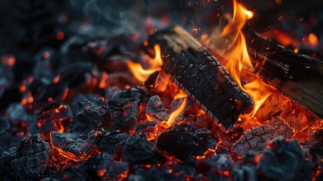 Campfire with smoldering embers and charred wood