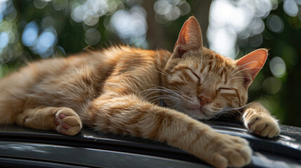 Fototapeta premium Sleeping Cat Enjoying a Nap on Car Roof