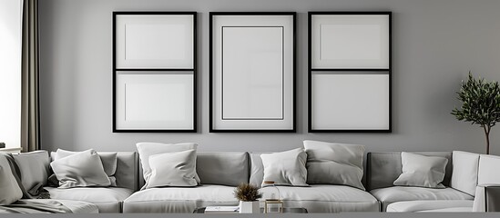 A stylish living room with a light grey wall, showcasing four empty black frames in a square arrangement. The frames create a harmonious and balanced look.