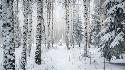 Forest of Birch and Pine covered in fresh white snow on a wintry day