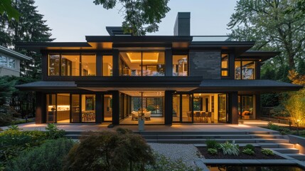 An upscale modern house exterior shot with illuminated interiors and landscape