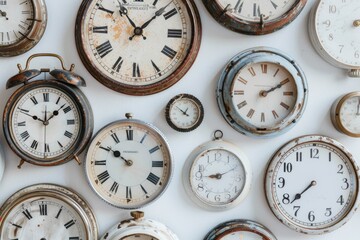 A diverse array of old-fashioned clocks showcasing different styles and times