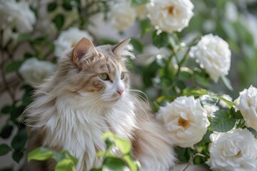 Beautiful cat sitting among blooming white roses